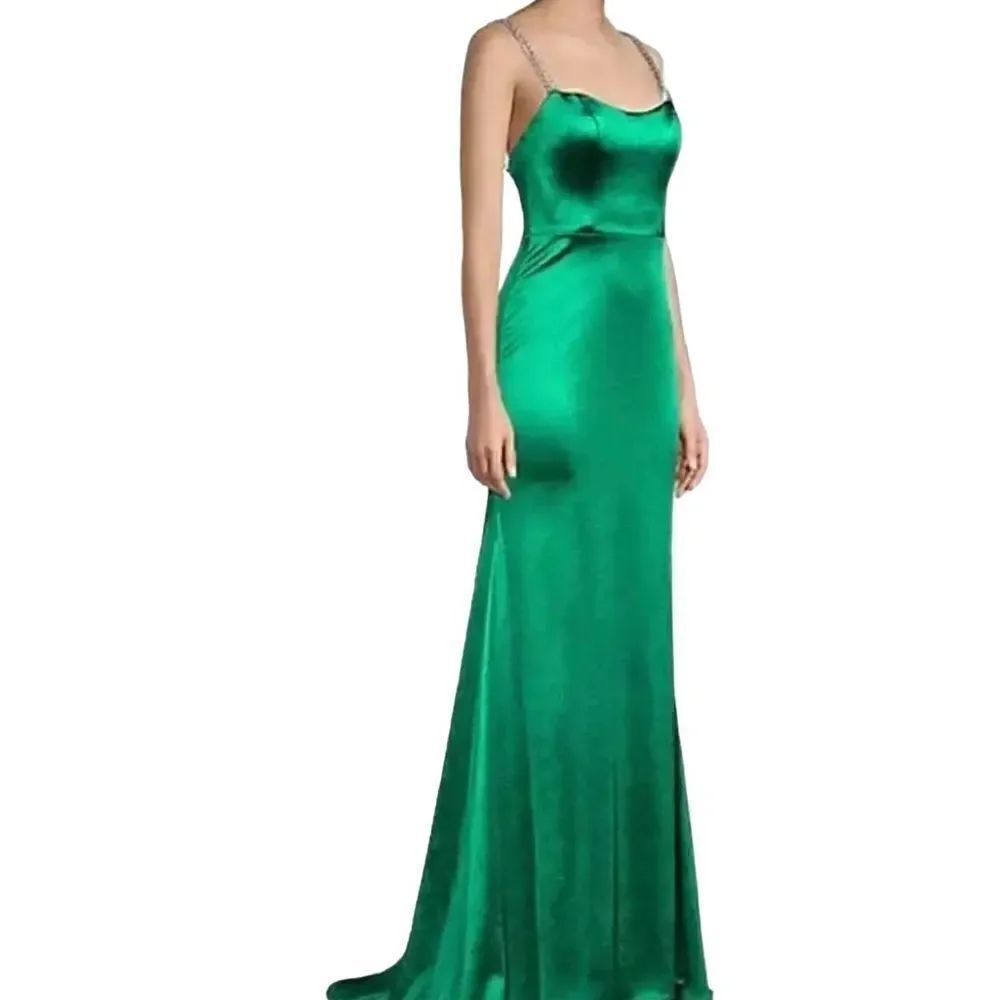 Ieena for Mac Douggal Emerald Green Satin Gown Rhinestone Starps Size 8 NWT